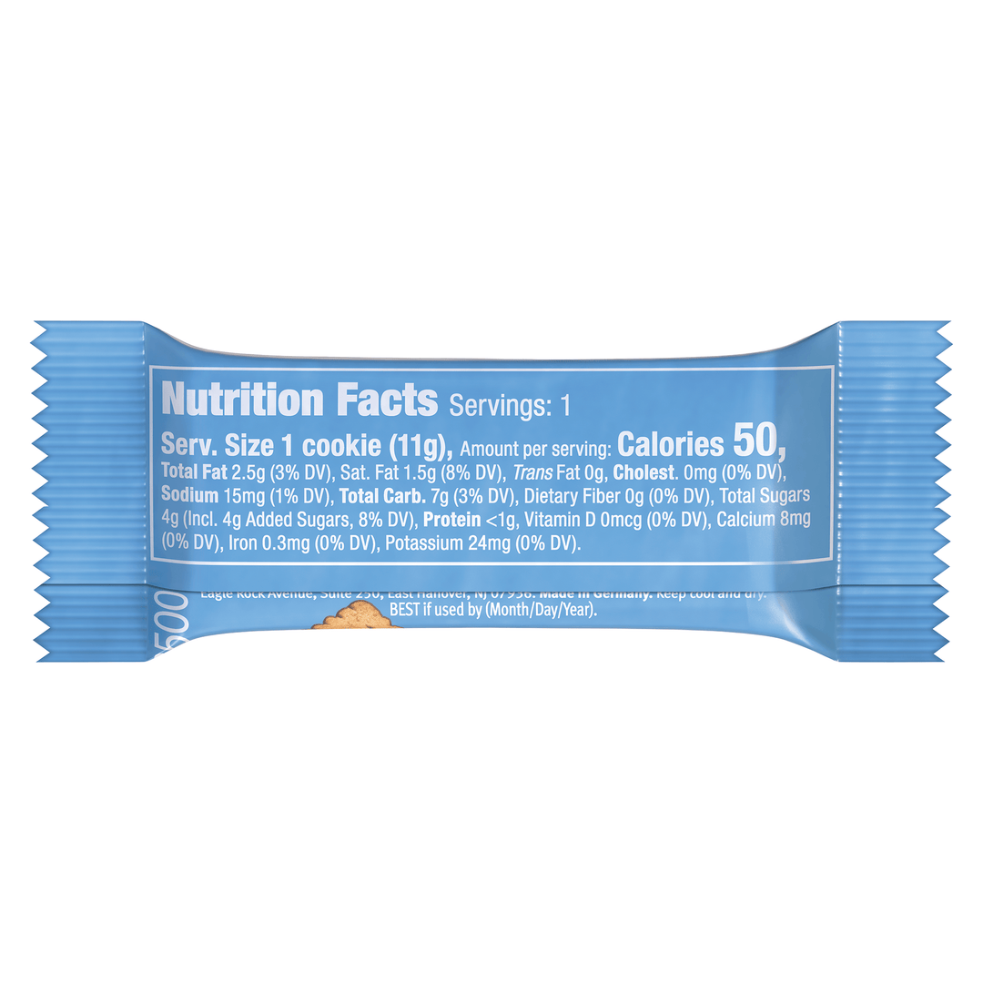 Blue cookie package with nutrition facts label on a white background