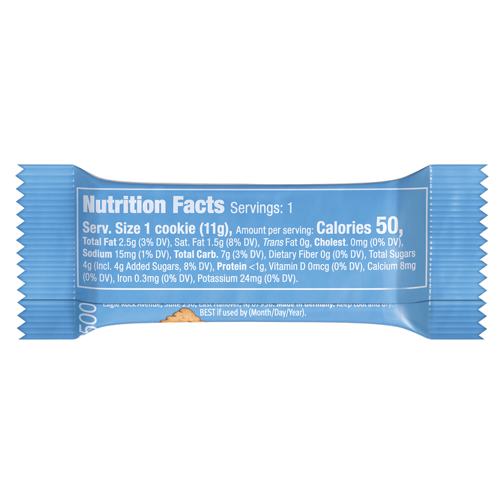 Blue cookie package with nutrition facts label on a white background
