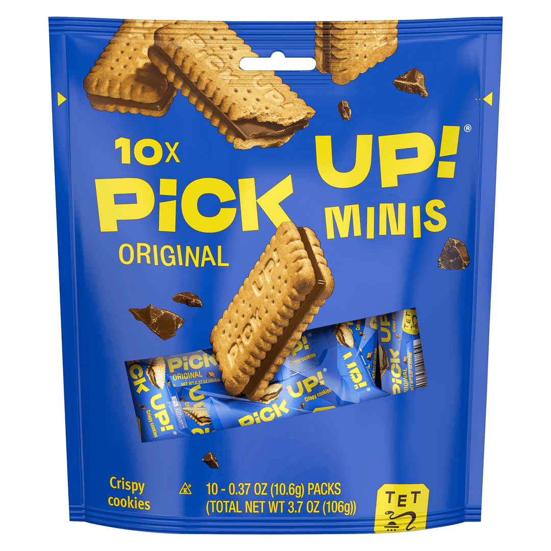Blue packaging of Pick Up! Minis cookies with yellow text 