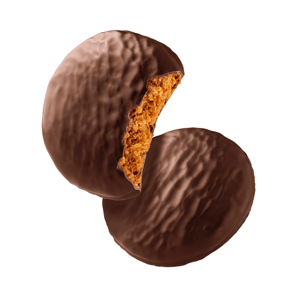 Chocolate-covered cookie with a bite taken out 
