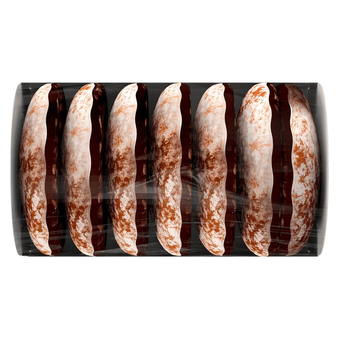 Packaged sausages with a clear plastic wrap on a white background