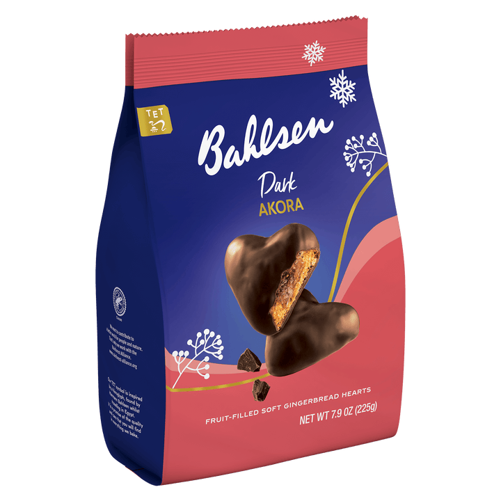 Bahlsen Dark Akora chocolate packaging with a heart-shaped gingerbread heart 