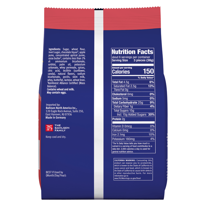 Nutrition facts label on a blue and red package