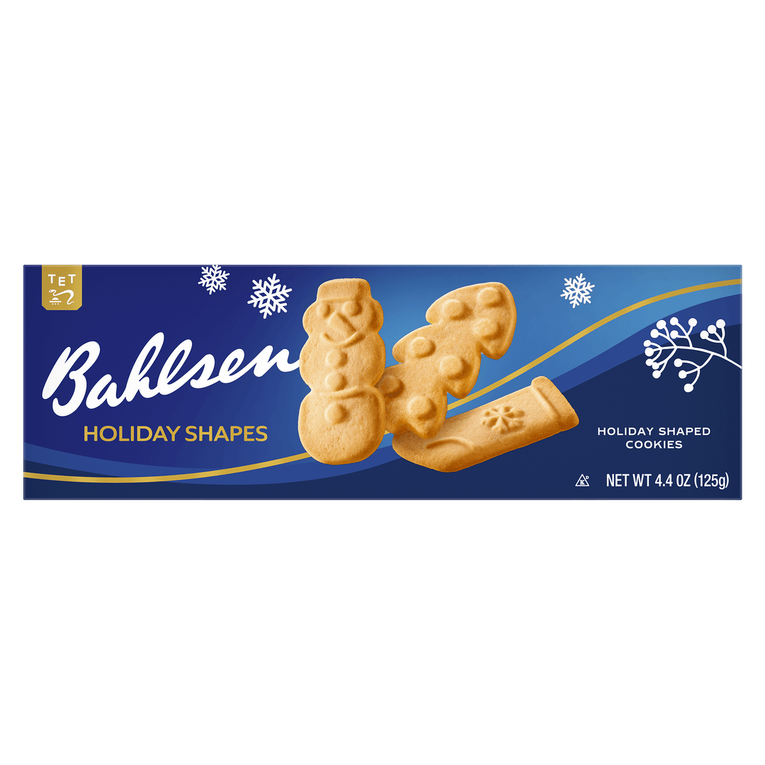 Box of Bahlsen Holiday Shapes cookies with a blue background