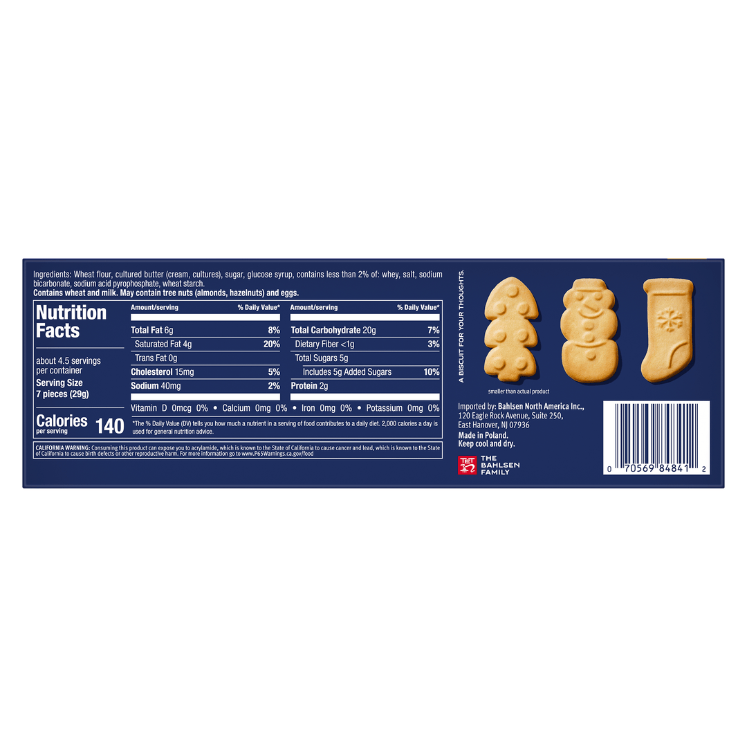 Back of a cookie package with nutrition facts and product images on a white background