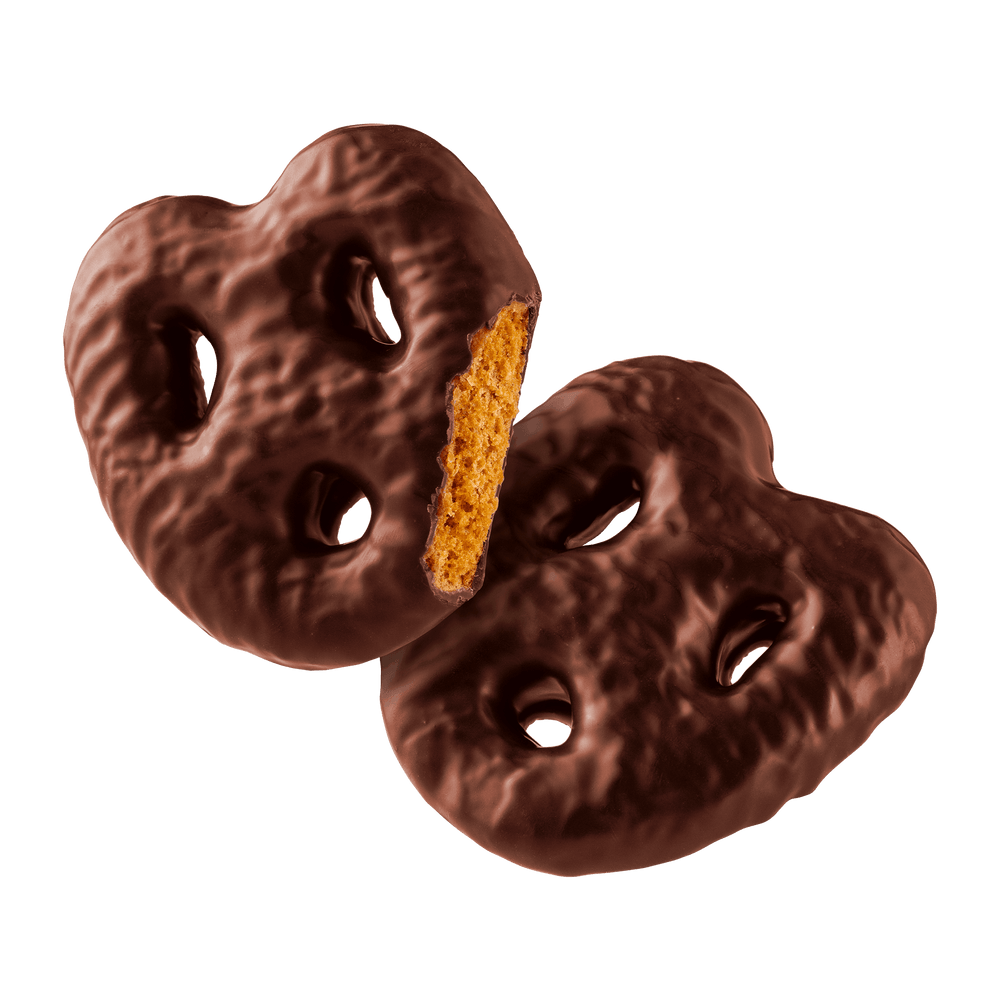 Two chocolate-covered pretzels on a transparent background