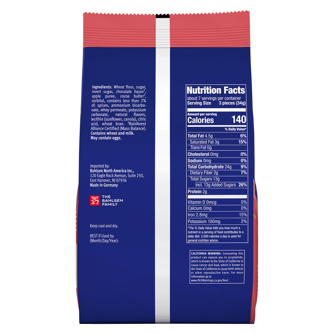 Back of a blue snack package with nutrition facts and ingredient list.