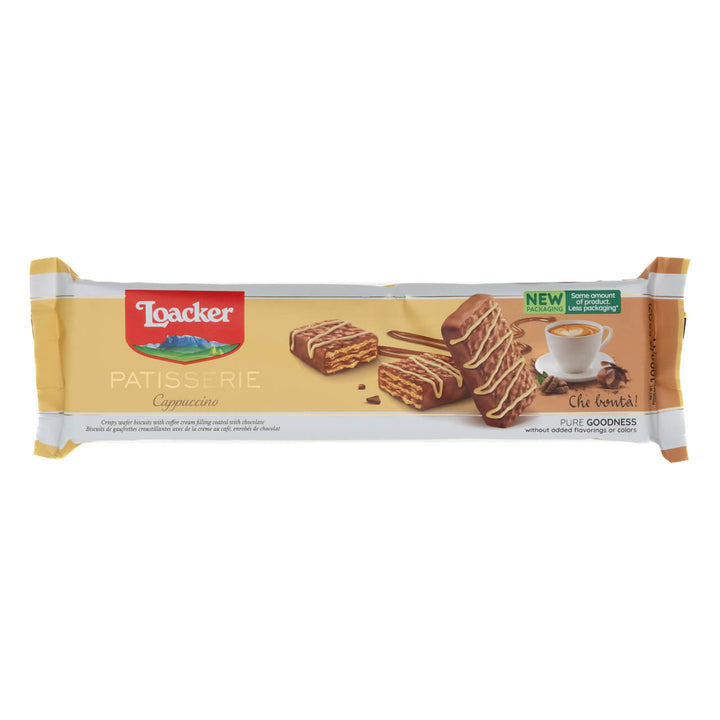 Loacker Patisserie Cappuccino, Chocolate Coated Specialty, 3.53 oz. packaging on a white background