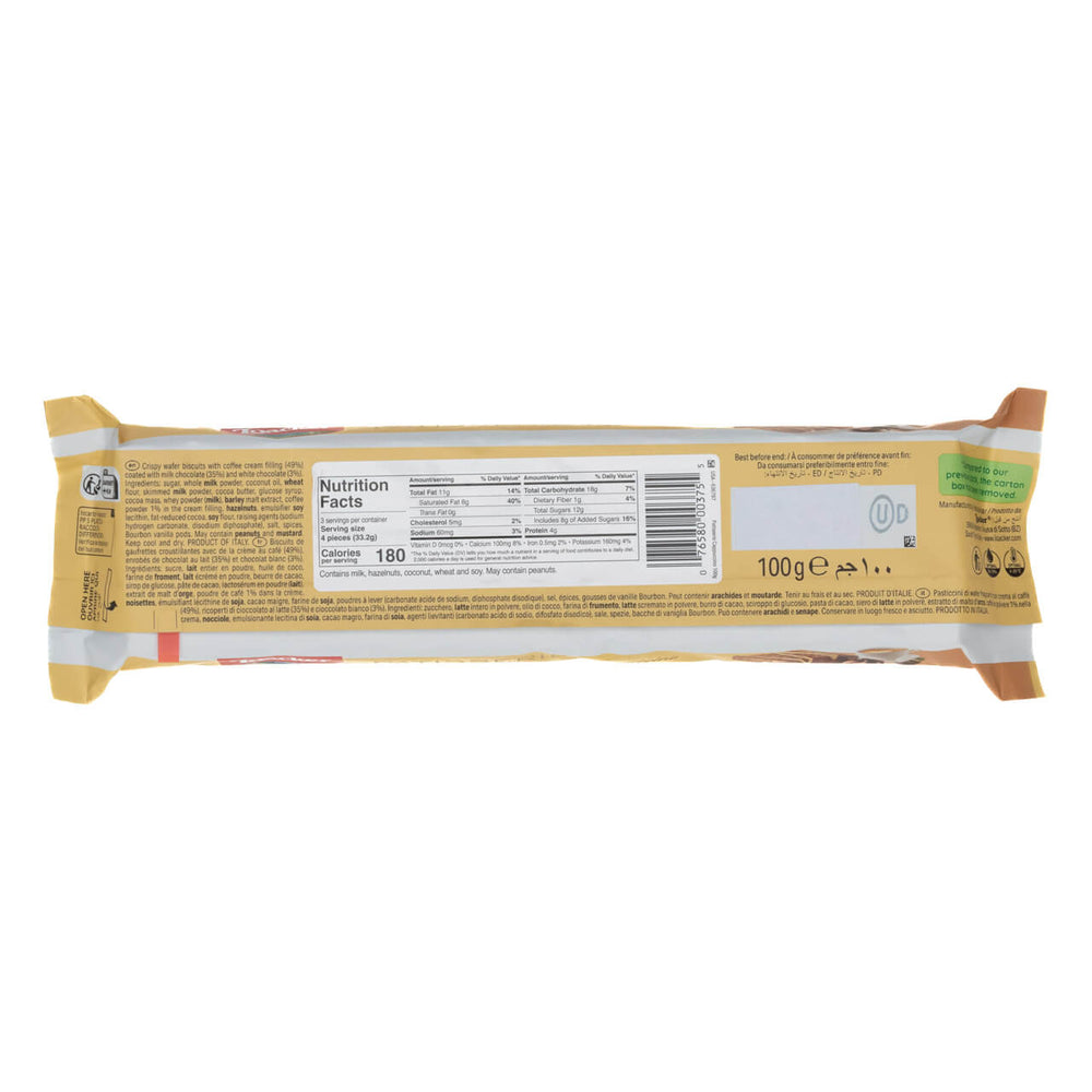 Loacker Patisserie Cappuccino, Chocolate Coated Specialty, 3.53 oz. packaging with nutrition label on a white background