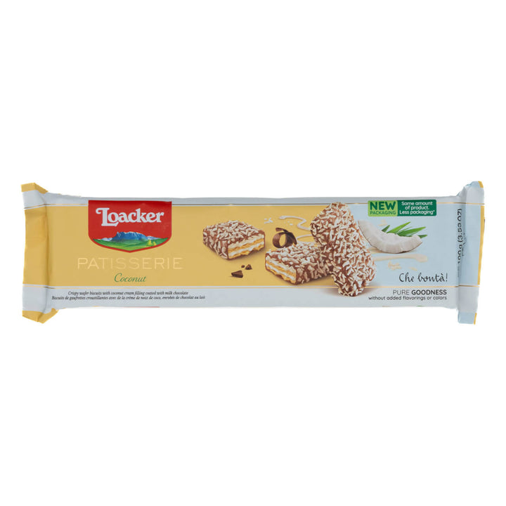 Loacker Patisserie Coconut, Chocolate Coated Specialty, 3.53 oz.  packaging on a white background