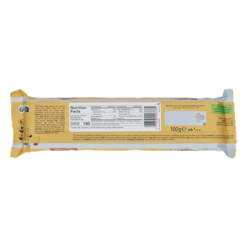 Loacker Patisserie Coconut, Chocolate Coated Specialty, 3.53 oz.  packaging with nutrition facts label on a white background