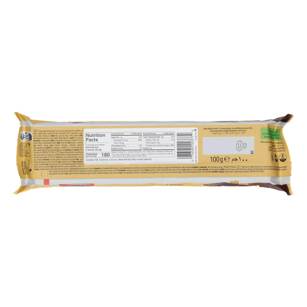 Loacker Patisserie Noir Orange, Chocolate Coated Specialty, 3.53 oz. packaging with nutrition facts label on a white background