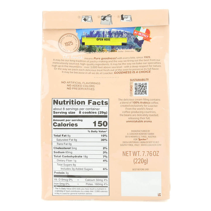 Quadratini Cappuccino, Creme-Filled Wafer Cookies, 7.76 oz. Bag - Nutrition Facts Panel