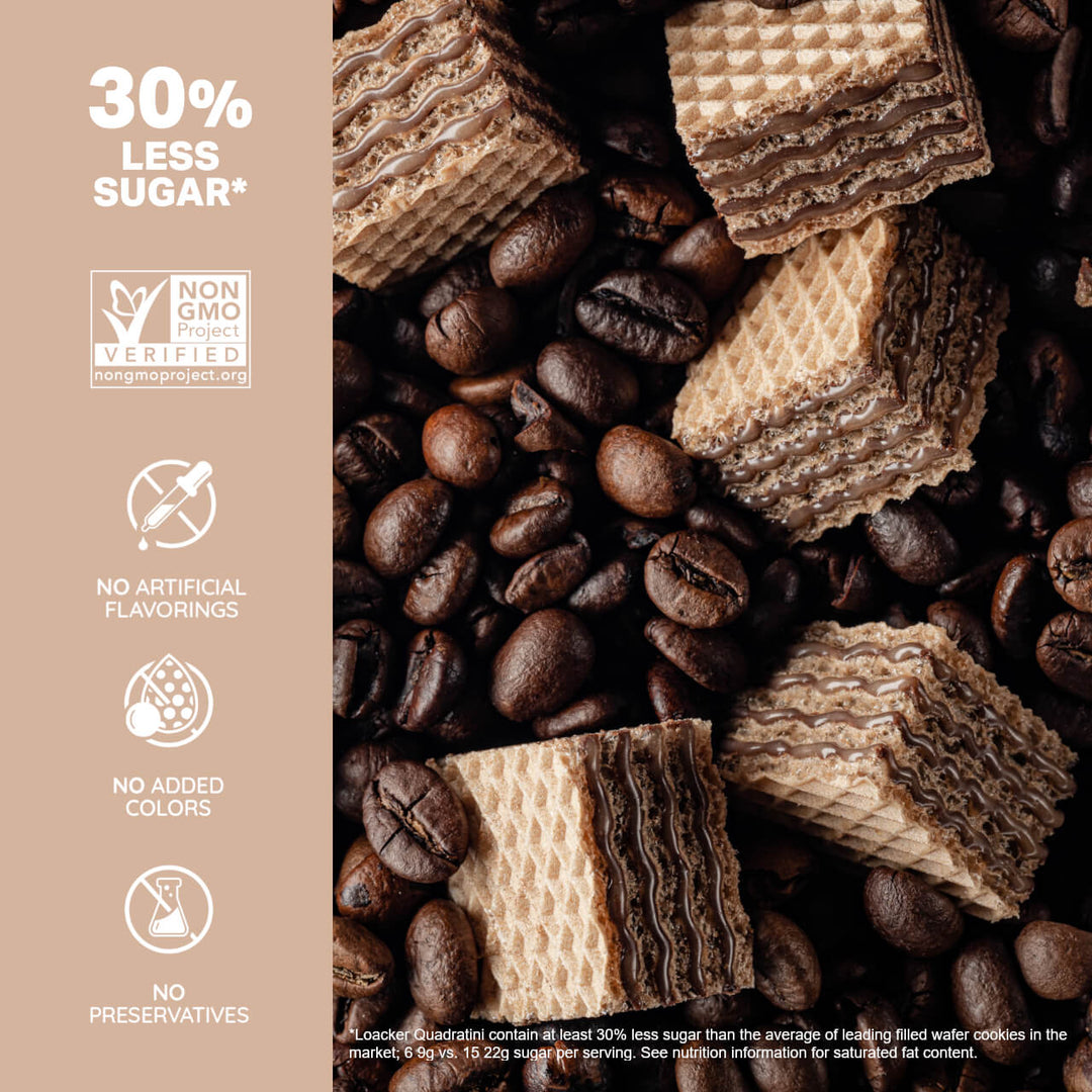 Quadratini Cappuccino, Creme-Filled Wafer Cookies, 7.76 oz. Bag - 30% Less Sugar*; Non-GMO; No Artificial Flavorings; No Added Colors; No Preservative; *Loacker Quatrain contain at least 30% less sugar than the average leading filled wafer cookies on the market; 6 9g vs. 15 22g sugar per serving. See Nutrition Information for saturated fat content.
