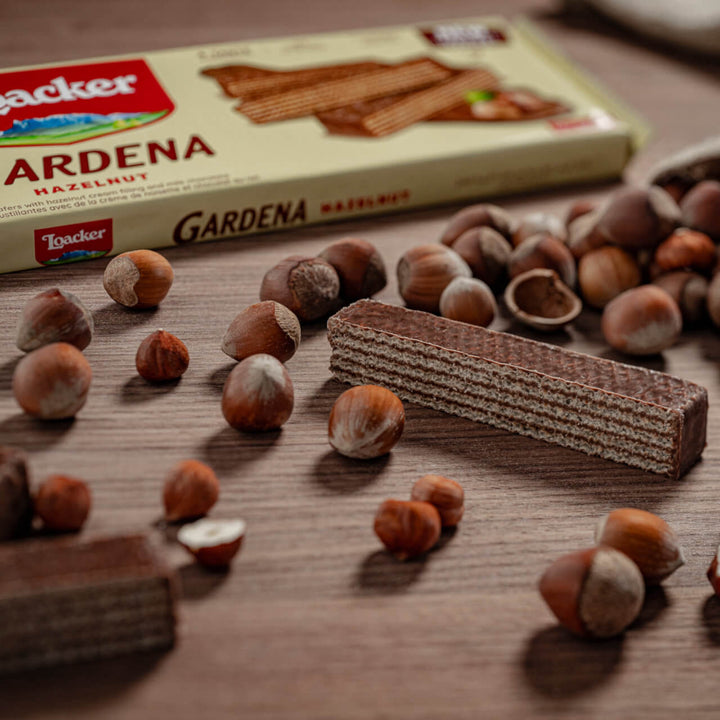 Gardena Hazelnut, Chocolate-Enrobed Wafer Cookies, 7.05 oz. Bag with hazelnut closed up