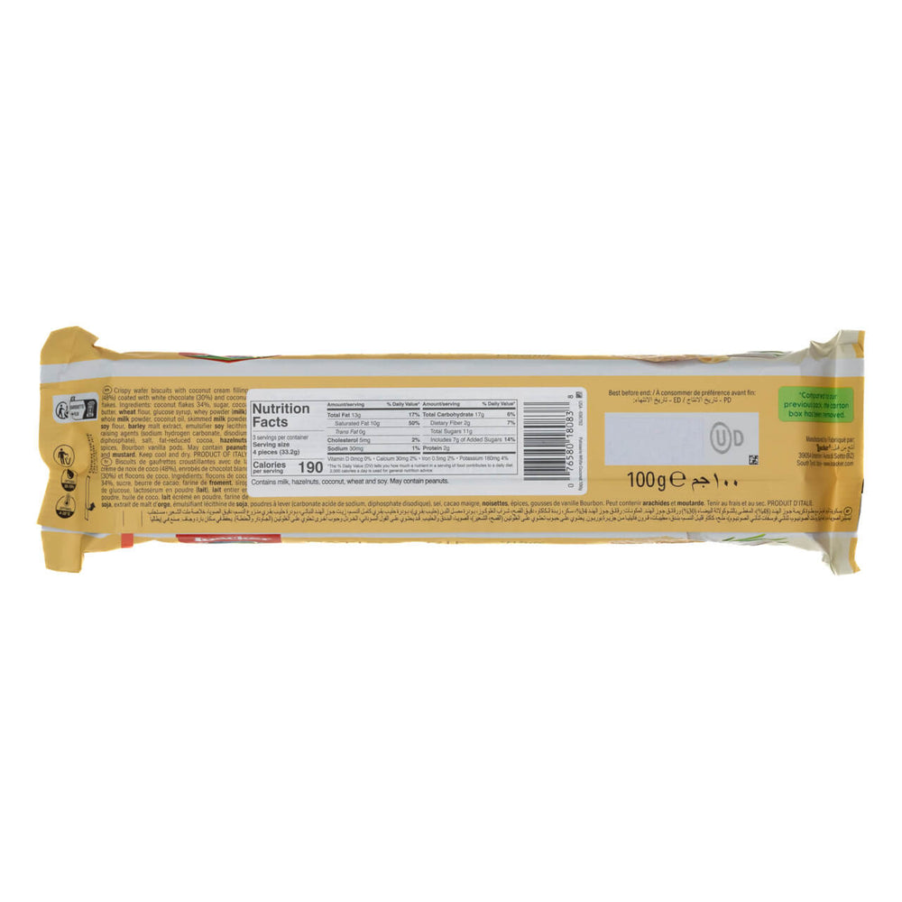 Loacker Patisserie White Coconut, Chocolate Coated Specialty, 3.53 oz.  package  with nutritional information on a white background