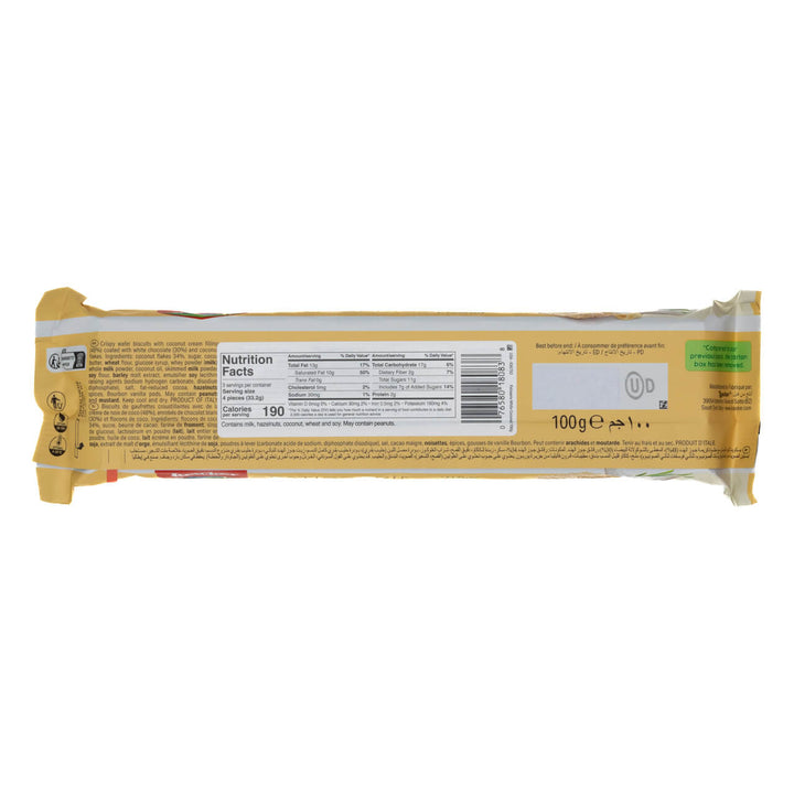 Loacker Patisserie White Coconut, Chocolate Coated Specialty, 3.53 oz.  package  with nutritional information on a white background
