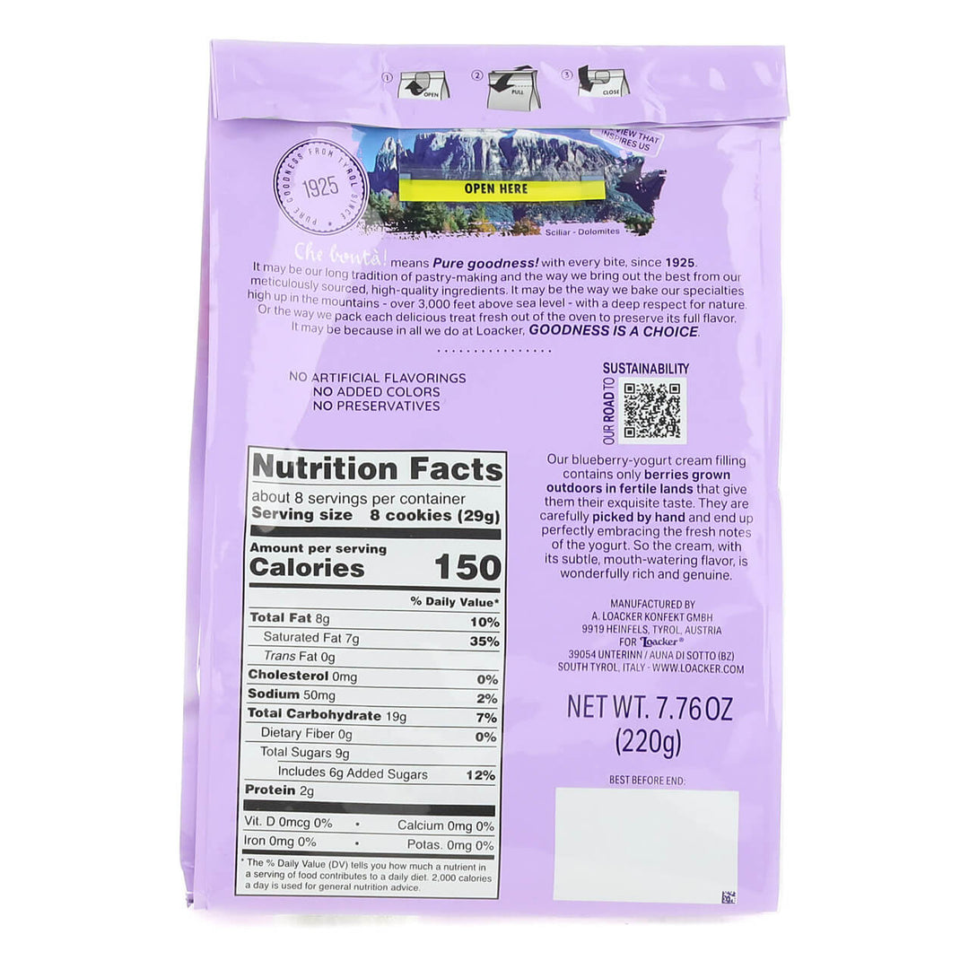 Quadratini Blueberry-Yogurt, Creme-Filled Wafers, 7.76 oz. Bag - Nutrition Facts Panel