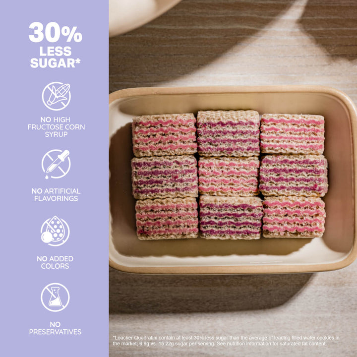 Quadratini Blueberry-Yogurt, Creme-Filled Wafers, 7.76 oz. Bag - 30% Less Sugar*; No High Fructose CornSyrup; No Artificial Flavorings; No Added Colors; No Preservative; *Loacker Quatrain contain at least 30% less sugar than the average leading filled wafer cookies on the market; 6 9g vs. 15 22g sugar per serving. See Nutrition Information for saturated fat content.