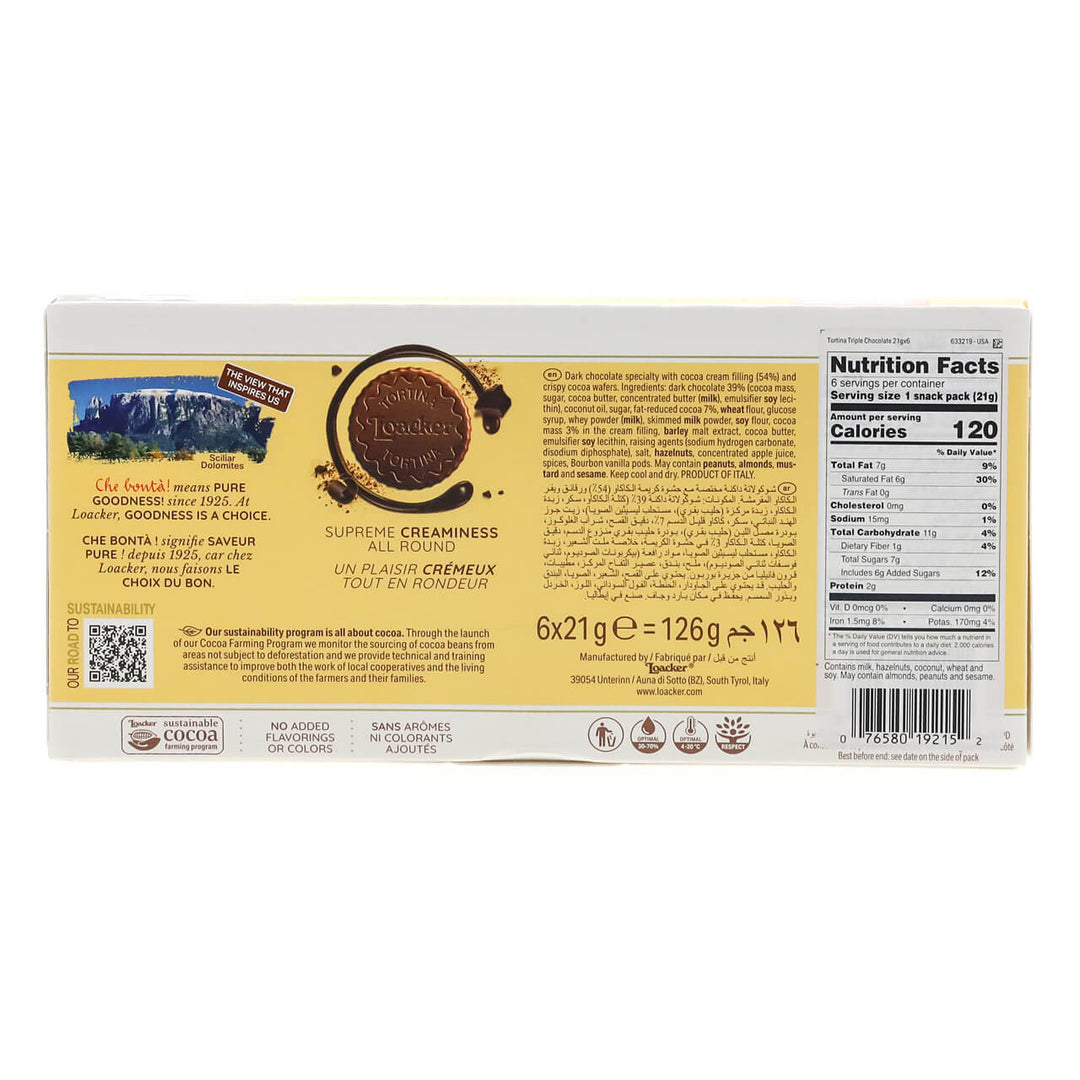 Tortina Triple Chocolate, chocolate wafer Specialty, 4.44 oz. Box - Nutrition Facts Panel
