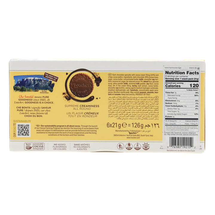 Tortina Triple Chocolate, chocolate wafer Specialty, 4.44 oz. Box - Nutrition Facts Panel
