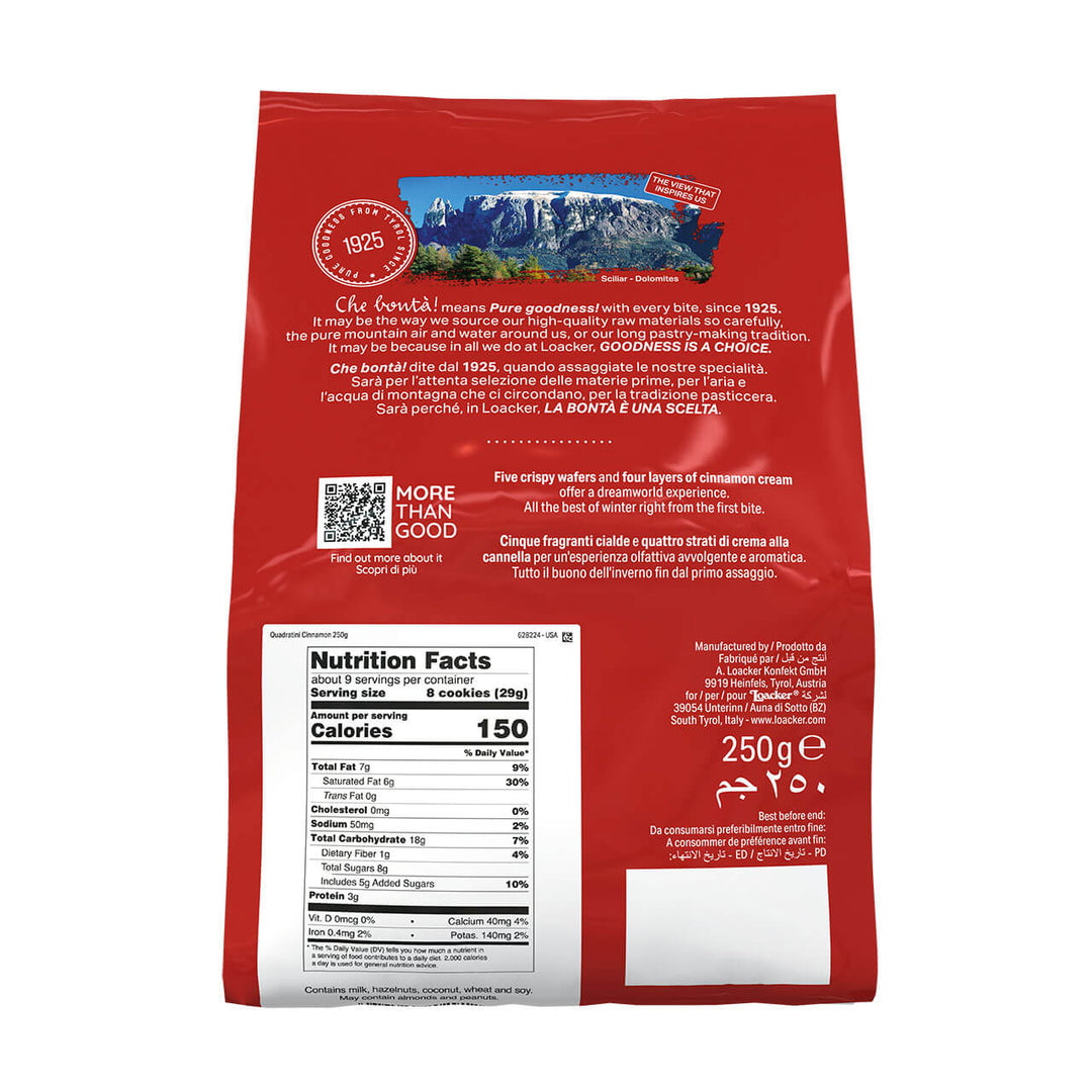 Quadratini Cinnamon, Creme-Filled Wafer Cookies, 8.82 oz. Bag  - Nutrition Facts Panel