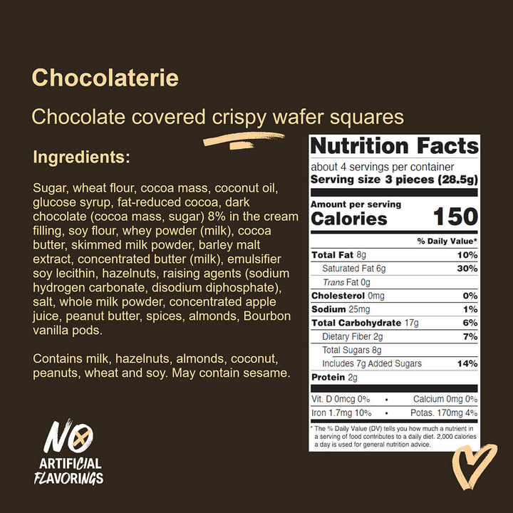 Chocolaterie Dark Chocolate, Chocolate Covered Wafer Squares, 12-ct. Bag Nutrition Facts Panel