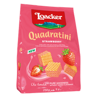 Loacker Quadratini Strawberry packaging on a pink background