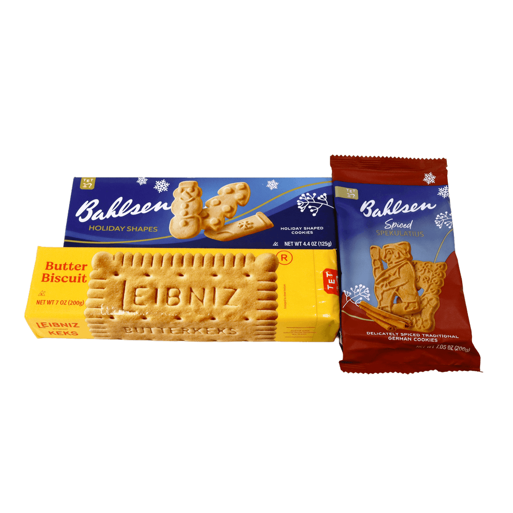 Bahlsen holiday cookie assortment featuring Holiday Shapes butter cookies, traditional Spiced Spekulatius German cookies, and Leibniz Butter Biscuits.