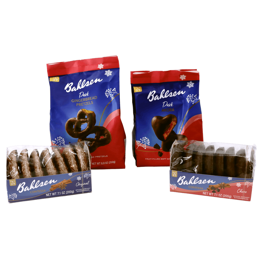 Bahlsen holiday gingerbread assortment featuring dark chocolate gingerbread pretzels, Dark Akora fruit-filled gingerbread, and Contessa Original and Choco spiced German gingerbread cookies.