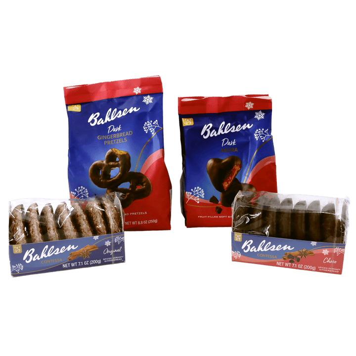Bahlsen holiday gingerbread assortment featuring dark chocolate gingerbread pretzels, Dark Akora fruit-filled gingerbread, and Contessa Original and Choco spiced German gingerbread cookies.
