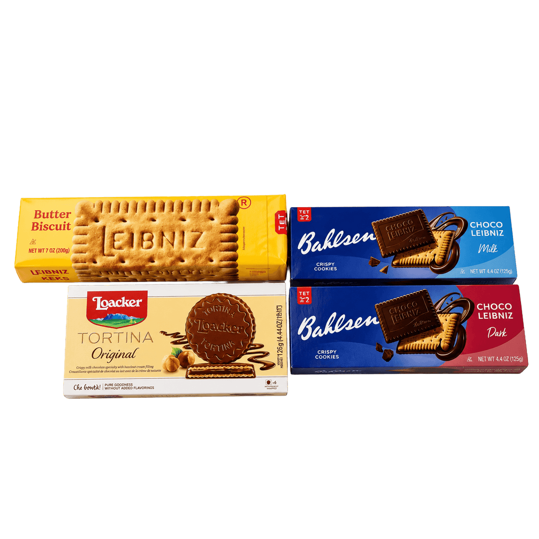Four packaged cookies : Butter Biscuit Leibnitz by Lacker in yellow, Tortina Original by Lacker in beige, Choco Leibnitz Milk by Balhsen in blue, and Choco Leibnitz Dark by Bahlsen in dark blue.