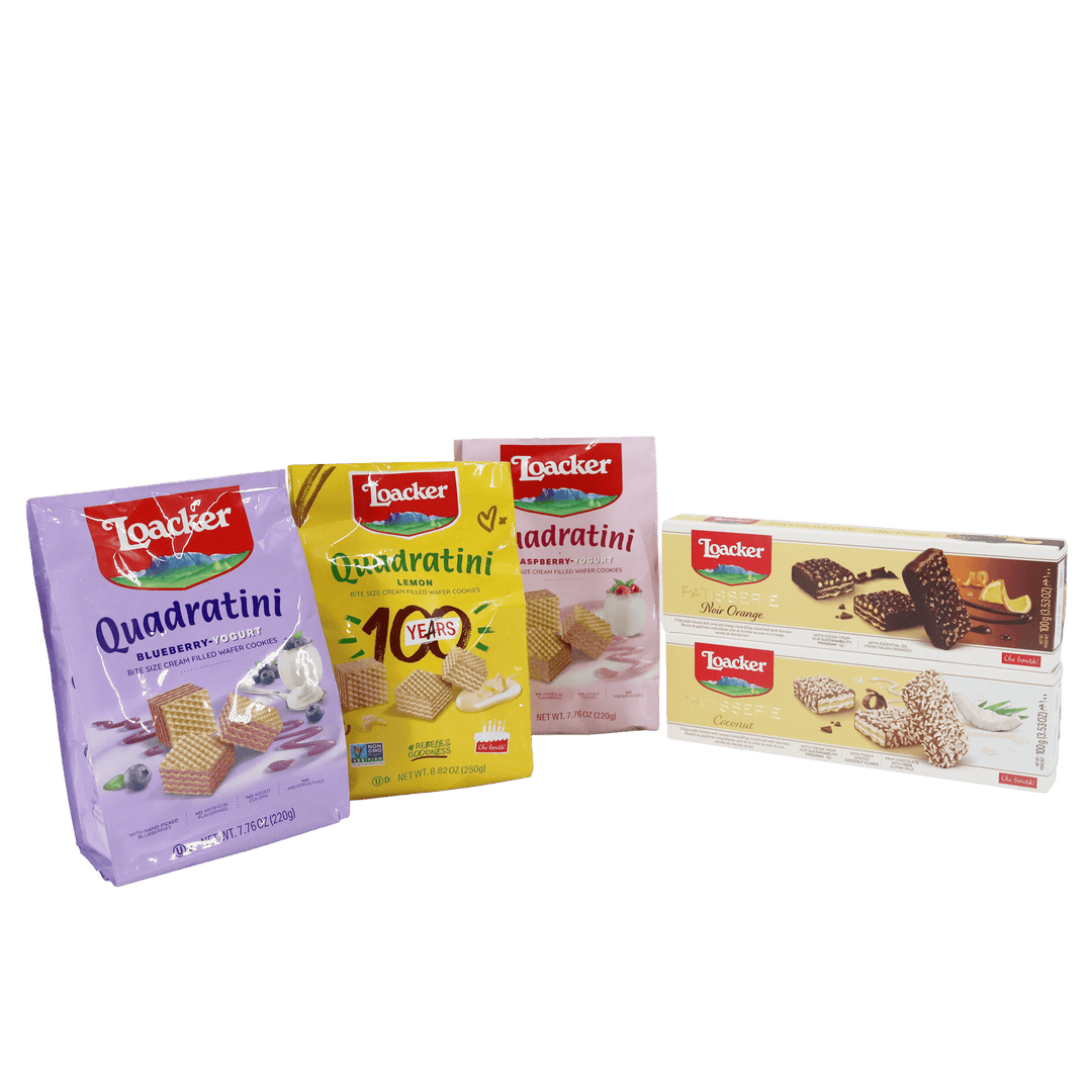 Four Loacker Quadratini cookie packages called Fruitful Moments Gift Box