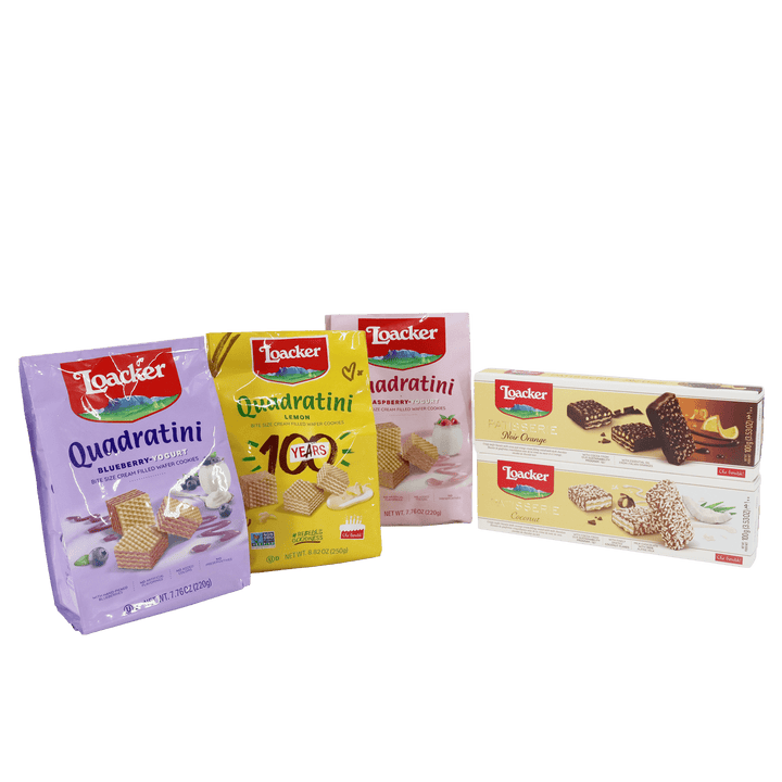 Four Loacker Quadratini cookie packages called Fruitful Moments Gift Box