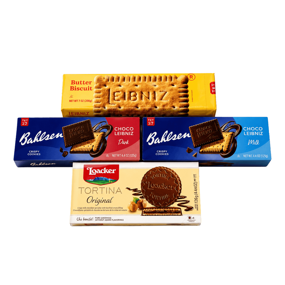Four packaged baked goods arranged on a white background: a yellow box of Eibiz Butter Biscuits, a blue box of Baltsen Choco Leiniz Dark, a blue box of Bahlsen Choco Leiniz Milk, and a beige box of Loacker Tortina Original chocolate cookie.