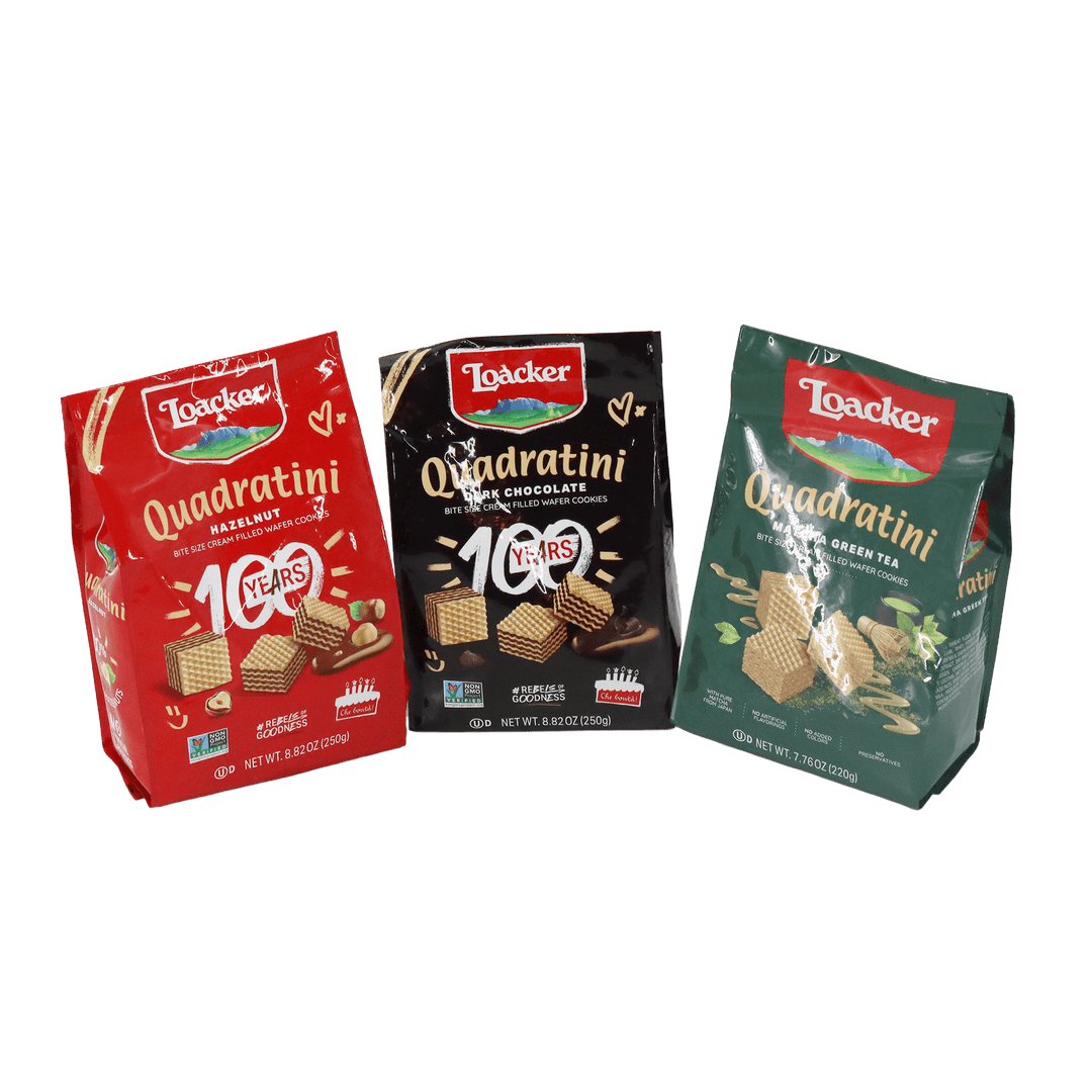 Three packages of Loacker Quadratini cookies in different flavors called Lunar New Year Gift Box