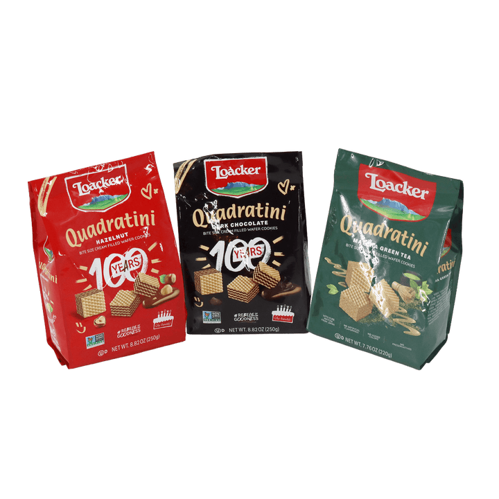Three packages of Loacker Quadratini cookies in different flavors called Lunar New Year Gift Box