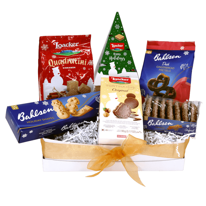 Loacker and Bahlsen holiday gift basket featuring cinnamon wafers, Tortina Mini chocolates, gingerbread pretzels, holiday-shaped cookies, and Contessa gingerbread in a gold ribbon gift tray.