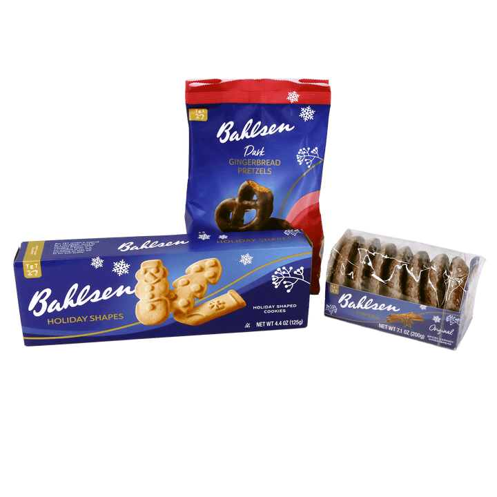 Bahlsen holiday cookie assortment featuring Dark Gingerbread Pretzels, Holiday Shapes cookies, and Contessa Original spiced German gingerbread.