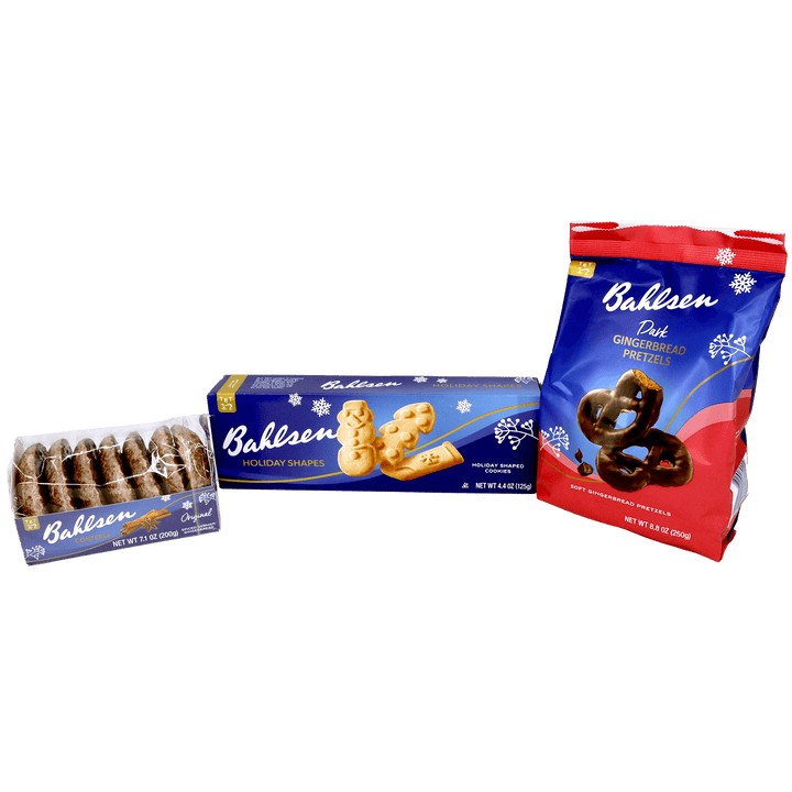 Bahlsen holiday cookie assortment featuring Contessa Original spiced German gingerbread, Holiday Shapes butter cookies, and dark chocolate-covered gingerbread pretzels.