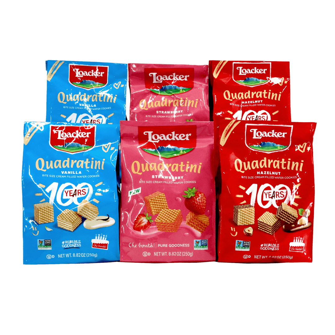 Loacker Quadratini Neapolitan value pack featuring six bags of bite-size cream-filled wafer cookies in vanilla, strawberry, and hazelnut flavors.
