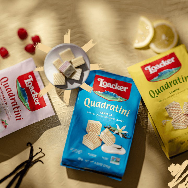 Quadratini Spring Value Pack - Raspberry yogurt, Vanilla and Lemon with unwrapped wafer and lemon slices, raspberries, vanilla bean.
