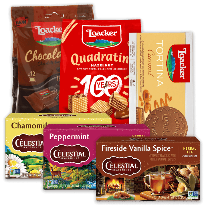 Collection of various food packages including Loacker cookies and Celestial Seasoning teas