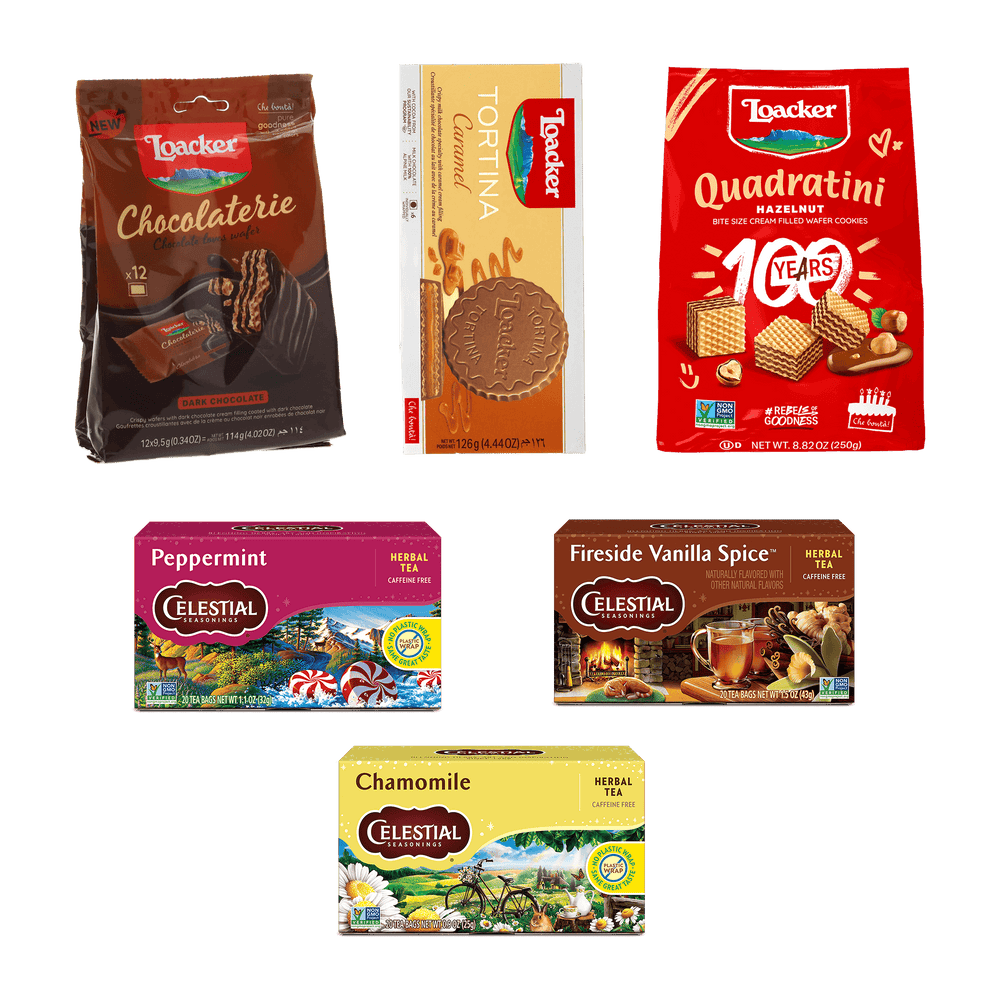 Collection of various food packages including Loacker cookies and Celestial Seasoning teas