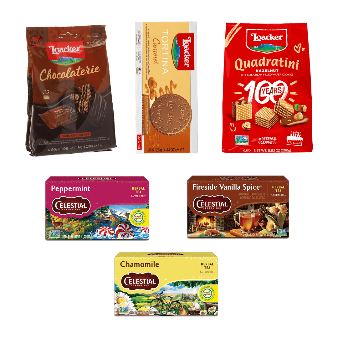 Collection of various food packages including Loacker cookies and Celestial Seasoning teas