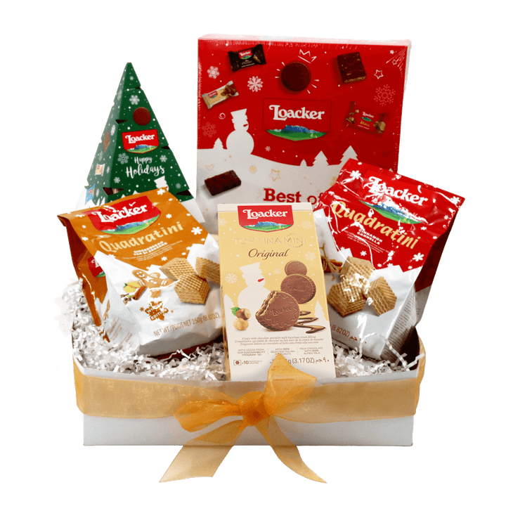 Gift basket with Loacker chocolate products called A Taste of the Holiday Gift Box