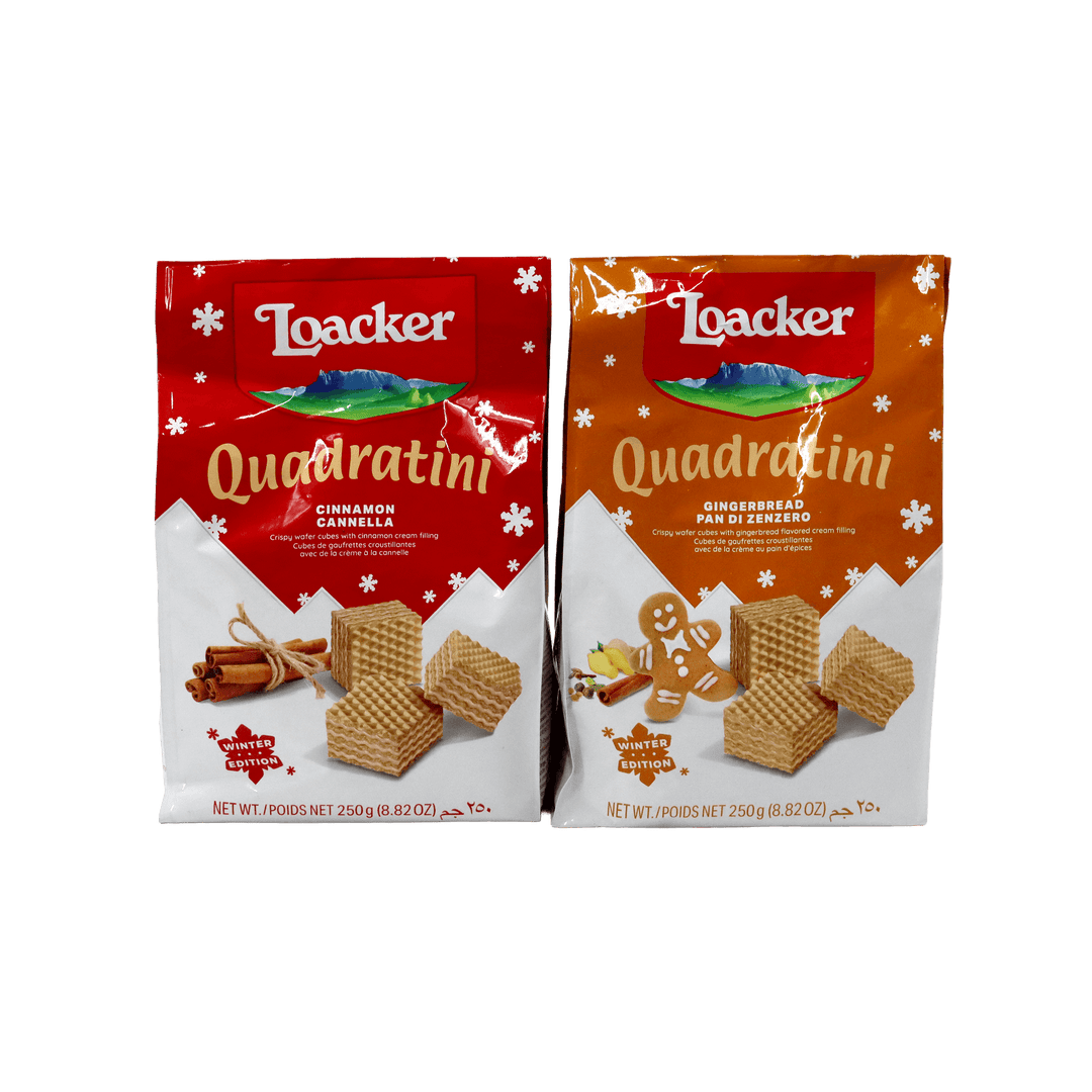 Two Loacker Quadratini cookie packages, one cinnamon and one gingerbread flavored called A Taste of the Holiday Gift Box