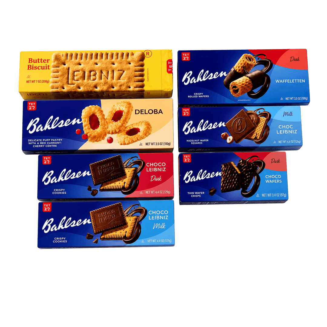 A set of eight Bahlsen Lebniz cookie and waffleteien boxes arranged in two columns on a plain white background. The left column contains Butter Biscuit, Deloba, and Choco Lebniz boxes in yellow, blue, and red packaging respectively.
