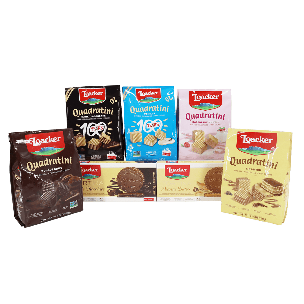 Part of Assorted Loacker World of Flavor Gift Box consisted Loacker cookie packages displayed in a basket 